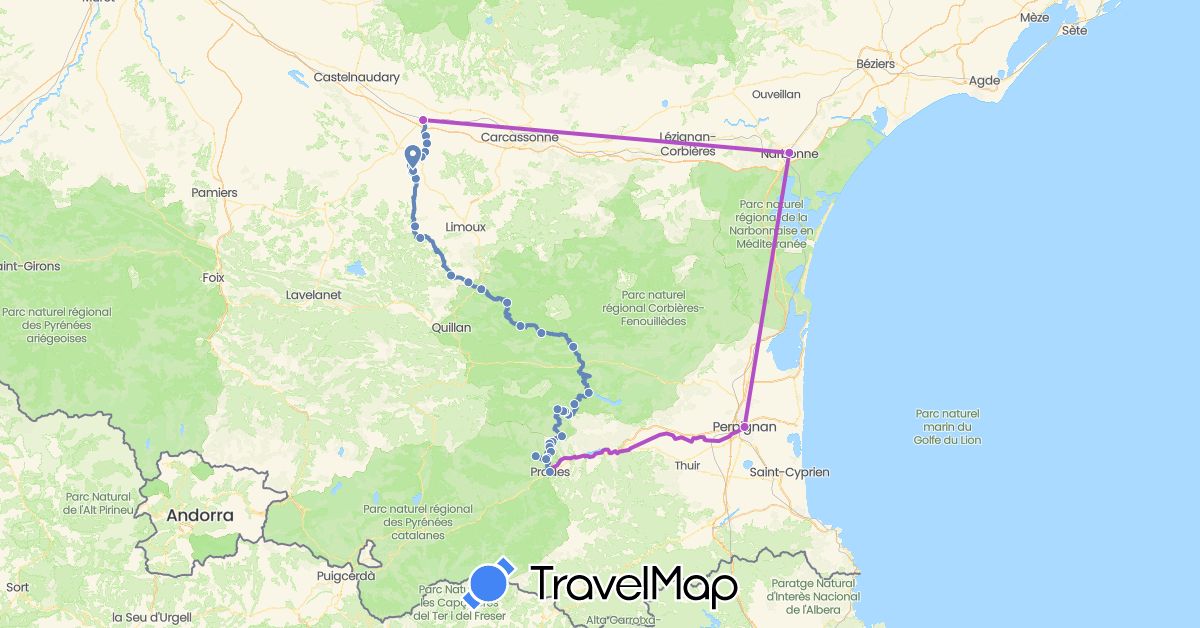 TravelMap itinerary: driving, cycling, train in France (Europe)