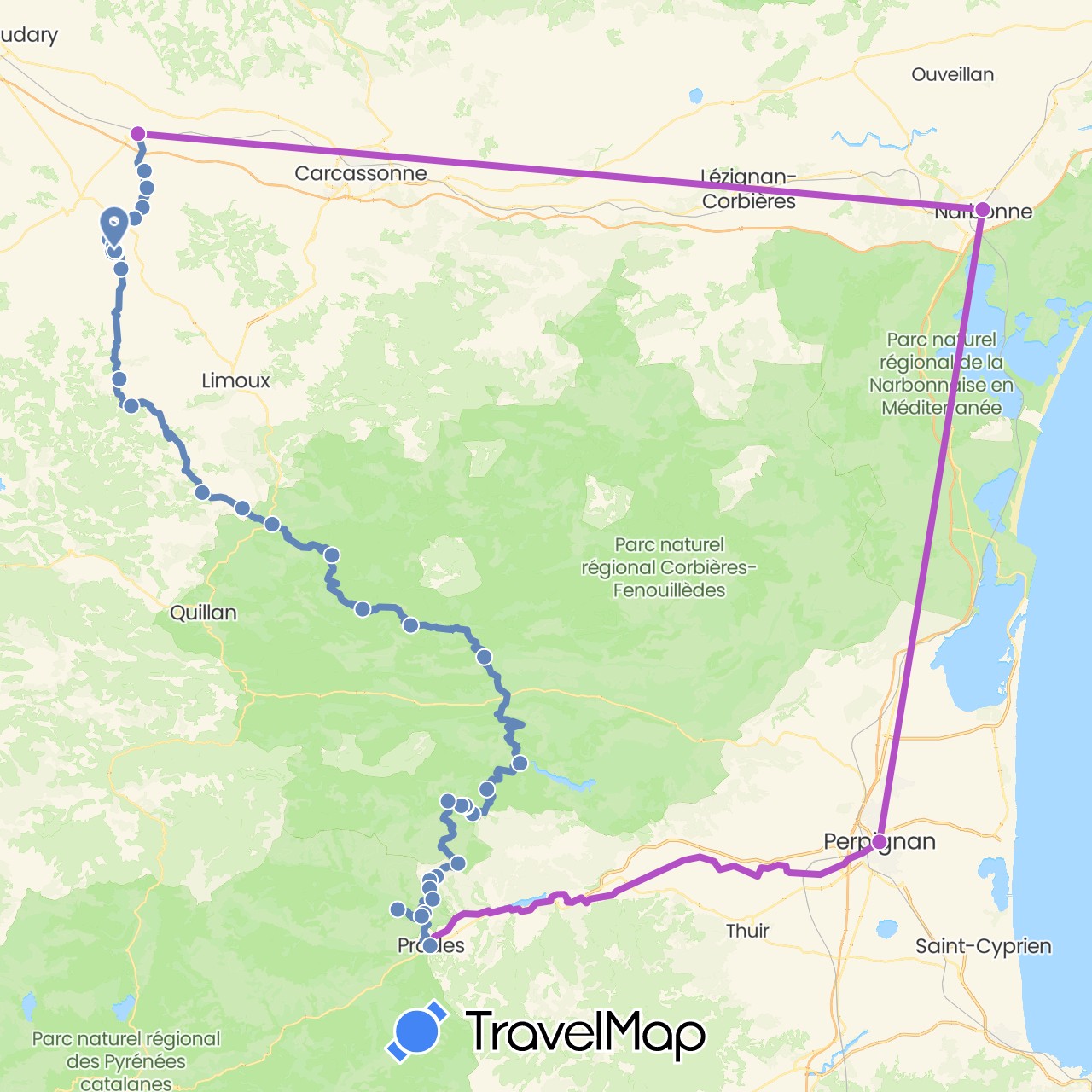 TravelMap itinerary: driving, cycling, train in France (Europe)