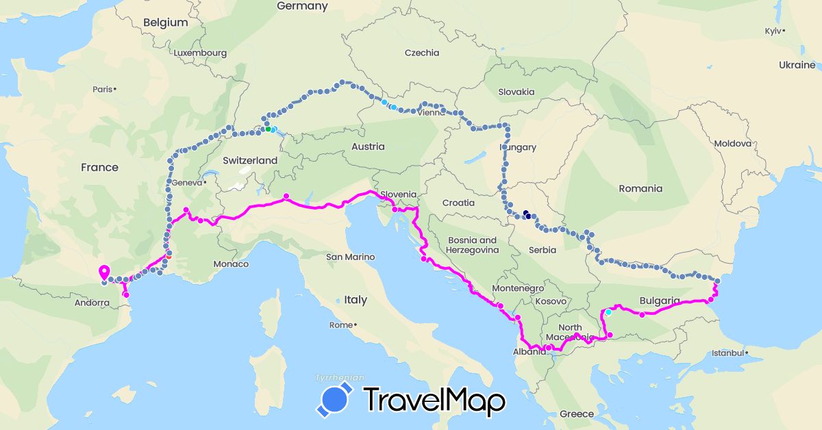 TravelMap itinerary: driving, bus, cycling, train, hiking, boat, van 10 pieds à 4 roues, télésiège in Albania, Austria, Bulgaria, Switzerland, Germany, France, Croatia, Hungary, Italy, Montenegro, Macedonia, Serbia, Slovakia (Europe)