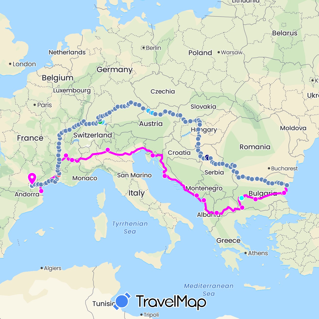 TravelMap itinerary: driving, bus, cycling, train, hiking, boat, van 10 pieds à 4 roues, télésiège in Albania, Austria, Bulgaria, Switzerland, Germany, France, Croatia, Hungary, Italy, Montenegro, Macedonia, Serbia, Slovakia (Europe)