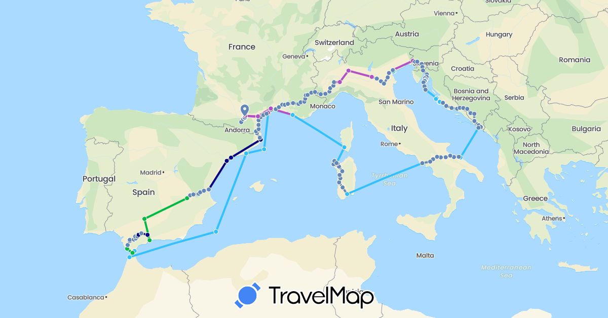TravelMap itinerary: driving, bus, cycling, train, boat in Bosnia and Herzegovina, Spain, France, Croatia, Italy, Morocco, Slovenia (Africa, Europe)